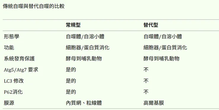 摘錄自Shigeomi Shimizu 《Biological Roles of Alternative Autophagy》Table 2.　（其中Atg5,Atg7,LC3,P62均為參與自噬作用之指標蛋白）