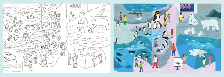 繪製繪本時草圖與完稿之間的差異。台灣版名稱為《逛逛水族館》,幼福文化出版。