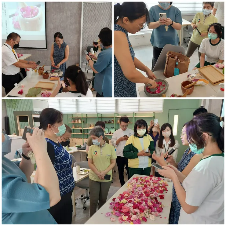 (下圖) 帶著自己種的無毒鮮花辦活動，是餐芳譜工作坊的特色。(上圖) 芳菲主人示範搗玫瑰糖