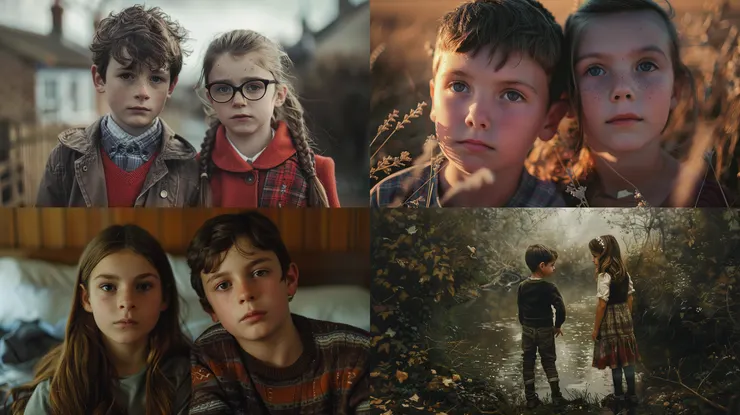 full shot of a boy and a girl, --ar 16:9