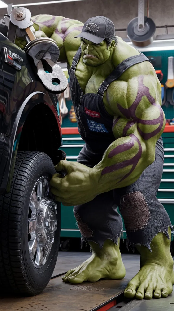 "In a realistic auto repair shop, the Hulk is working on a black truck, using an oversized tool to remove the wheel. His muscular, tattooed green body stands out, and he wears a cap and a black mechanic's jumpsuit with visible patches and wear from his size. A toolbox filled with large tools is next to him, and his expression shows a slight sense of confusion as he examines the wheel. The vivid 4K resolution brings the detailed truck, tools, and the workshop’s dynamic atmosphere to life, capturing every nuance with vibrant colors."