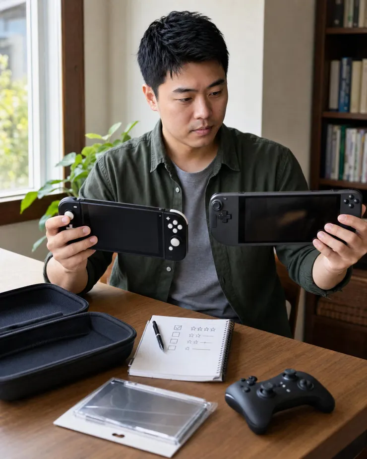 梁練偉比較 Switch 2 與掌機配件的選購桌面場景