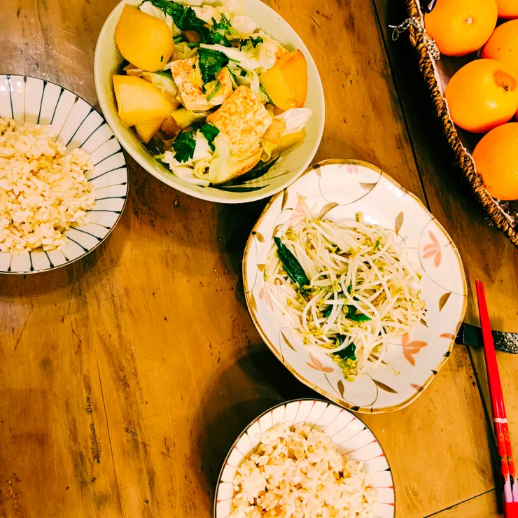 白蘿蔔燉豆腐高麗菜 & 蔥炒豆芽菜                                                                                       梵靈乾坤工作室提供