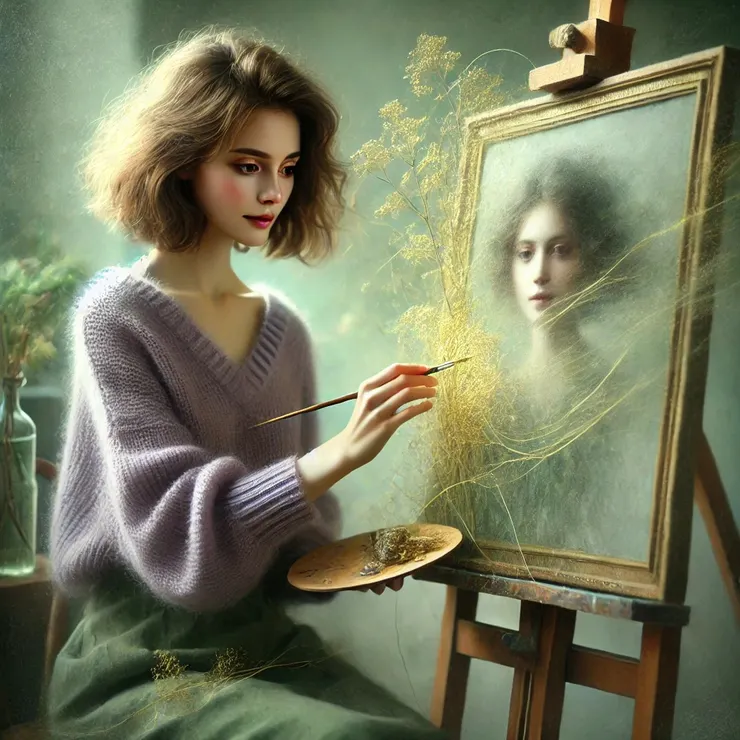 Jane's fingertips traced invisible paths across the canvas, seeking fragments hidden beneath layers of subdued greens and subtle violets.