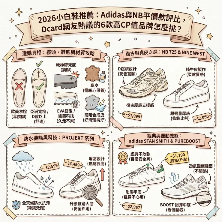 2026小白鞋推薦：Adidas與NB平價款評比，Dcard網友熱議的6款高CP值品牌怎麼挑？
