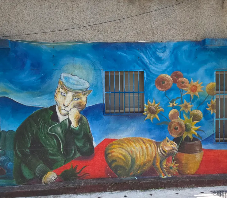 梵谷的嘉舍醫師的畫像 ：經典動作「憂鬱托腮」姿勢，背景還自帶《星夜》的迷幻漩渦與《向日葵》。托腮喵：現在幾點了還不放飯？是不想擼喵了嗎？