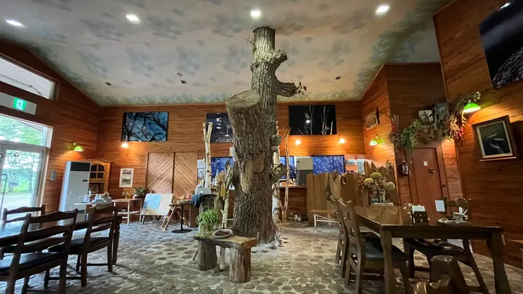 一間使用木質調裝潢的餐廳。