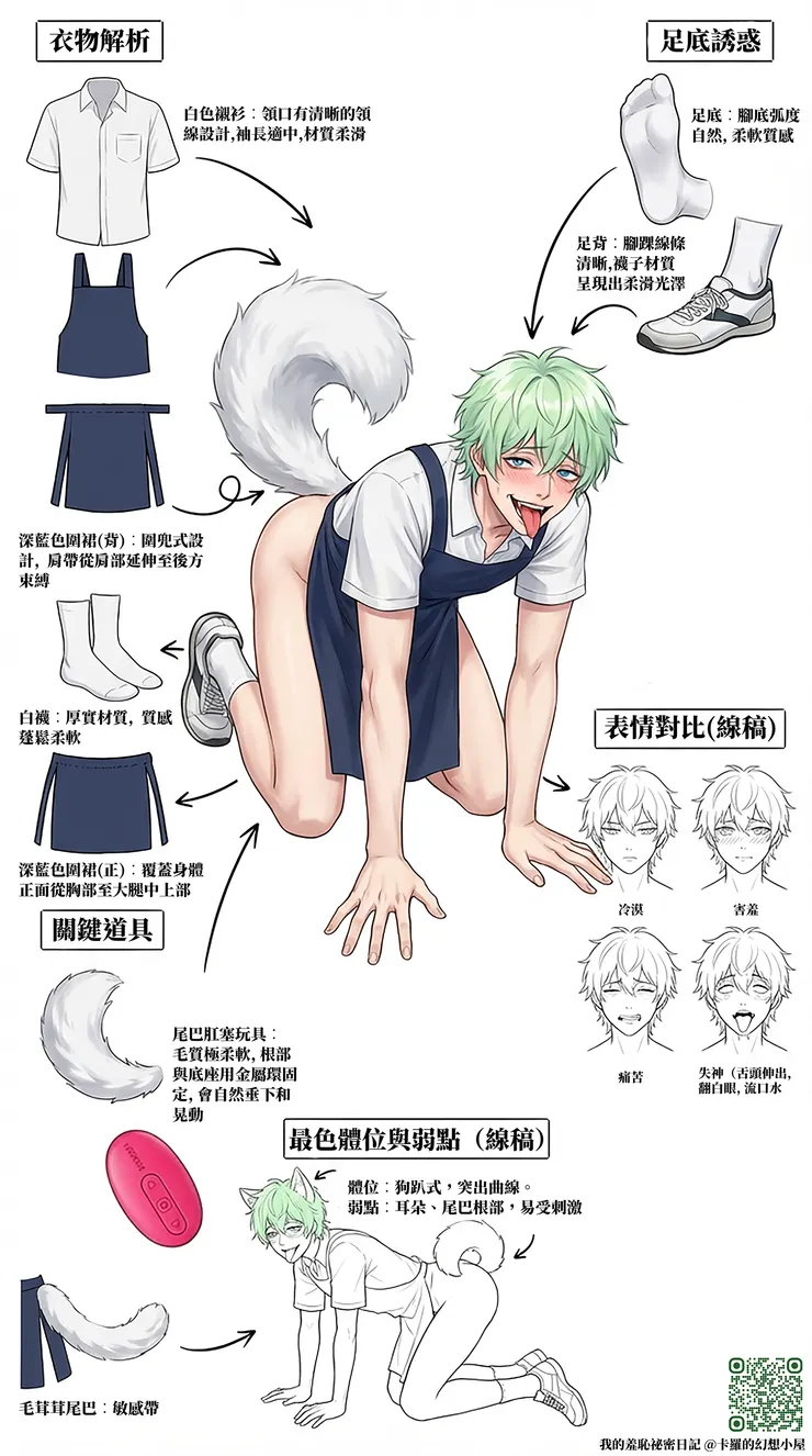 小然然身穿一件短袖白色襯衫和深藍色圍裙，下身真空，後穴被尾巴電動肛塞佔滿。