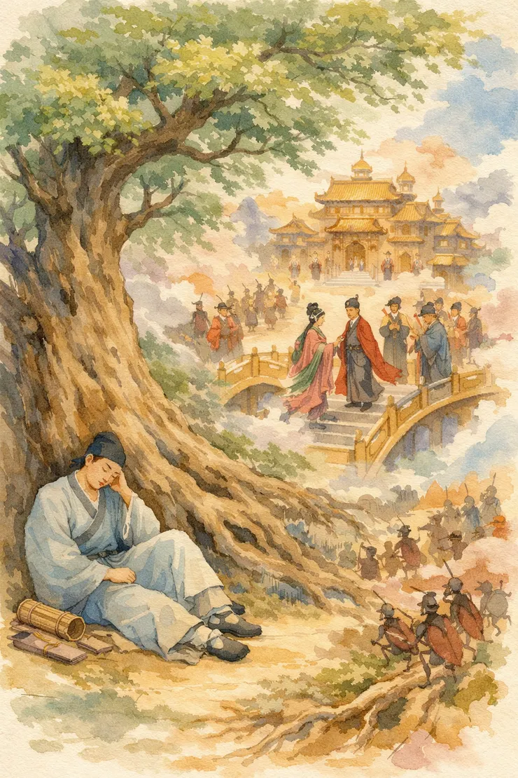 唐傳奇南柯一夢，將夢入蟻穴的情景設定在大槐樹，頗富深意。