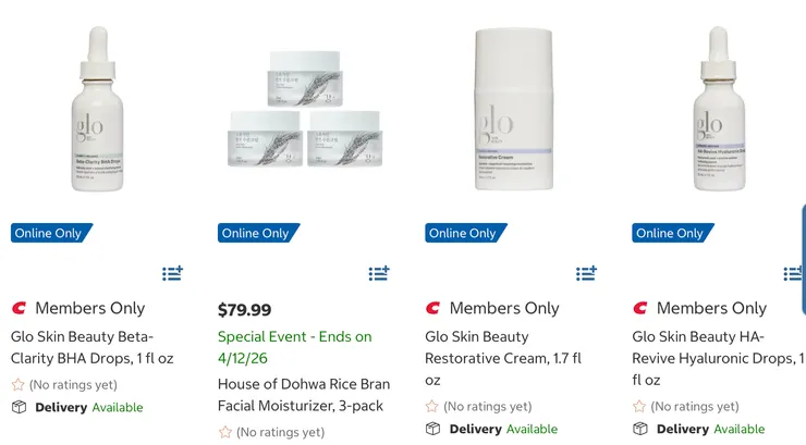 Glo Skin BHA滴劑 $32.99、道華米糠臉部保濕霜、Glo Skin 修復霜 $32.99、Glo Skin 玻尿酸滴劑 $94。