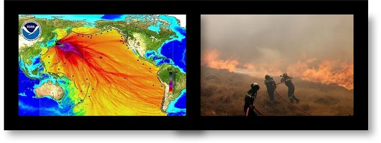 圖片來源: NOAA(左)預估日本核廢水的洋流圖,CNN(右)希臘雅典附近村莊的大火