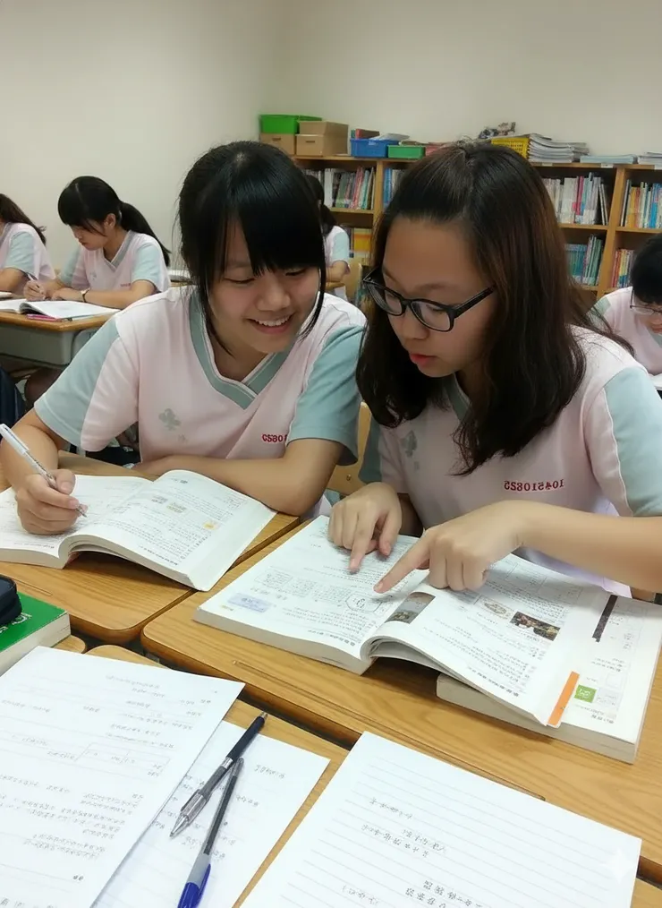 圖為國三上陳汝蓁(左綁馬尾)與閨密做作業的照片