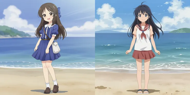 左圖：加上 LoRA，右圖：沒有加 LoRA。Prompt：amazing anime-style digital art, full body, zzArisuTachibana, smile, beach, sea, masterpiece, best quality