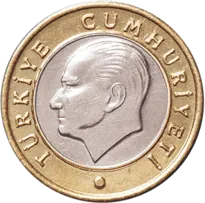 1里拉硬幣，折合新臺幣已不到1元。背面主角為國父凱末爾 (Mustafa Kemal Atatürk)