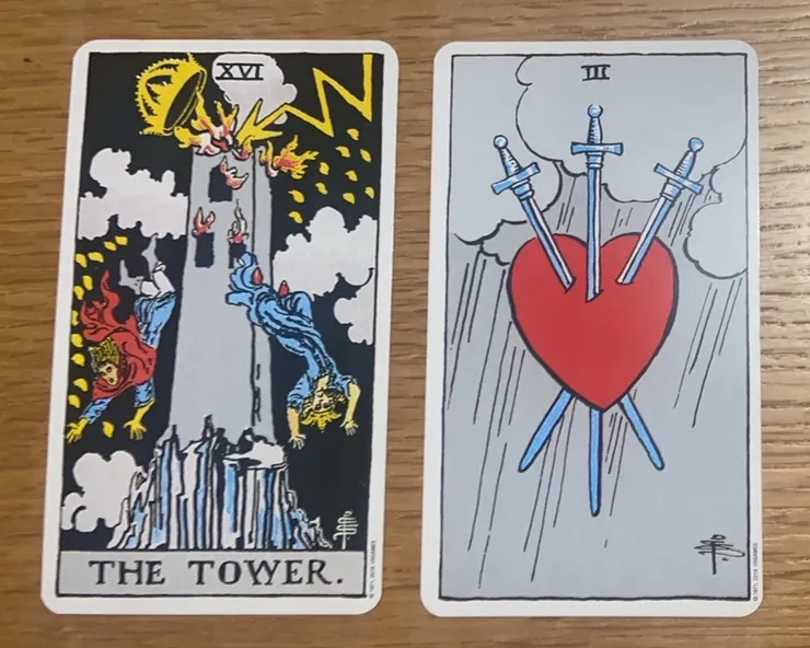 左邊是高塔牌，右邊是寶劍三號。這組合真是太虐心太殘忍了。但是，死後必有重生，所以，抽到這兩張牌，也不用太悲傷，因為在未來，肯定是要迎接另一階段的成長。