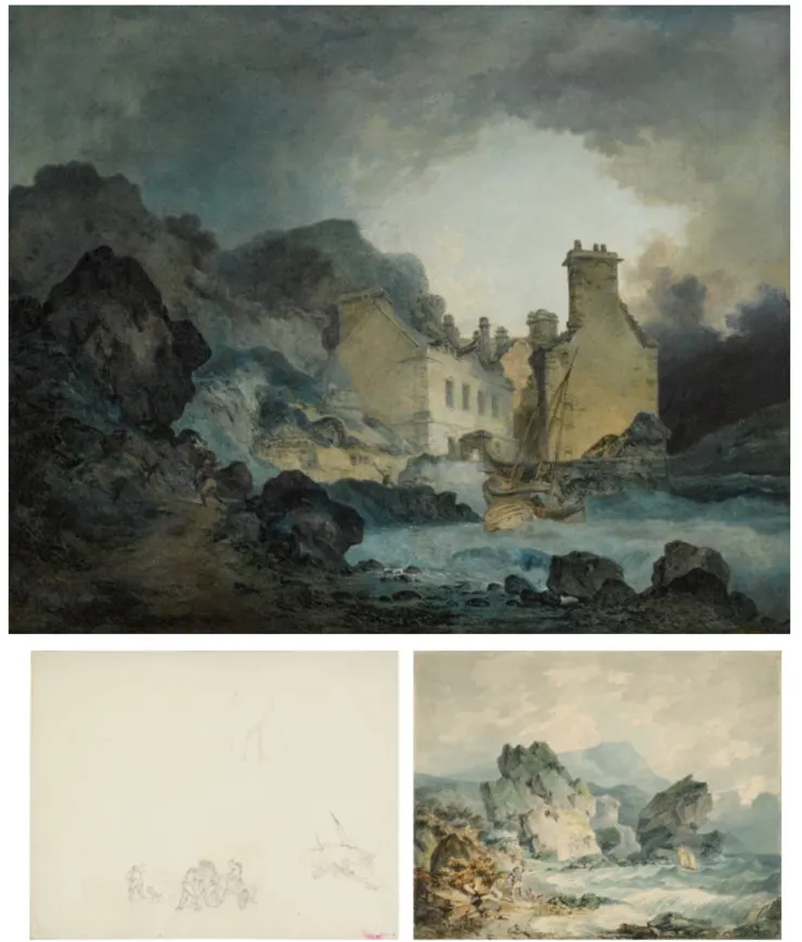 這便是重見天日的「暴風驟起」，蘇士比拍賣場更附上兩張透納速寫草圖來印證畫家構圖之本。（圖片來源：蘇士比網站）。