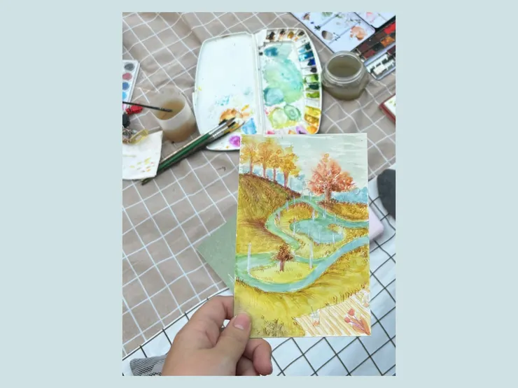 在春天，把公園畫成秋天的河流畔，很多毛邊和棉絮。｜2025.04.12繪製＋拍攝