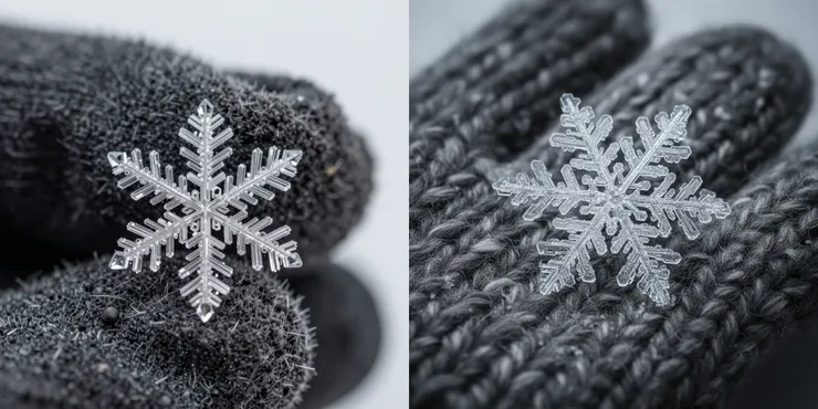 Prompt: A highly detailed microscopic view of a single, intricate snowflake crystal resting on a rough, wool glove. Macro photography, extreme shallow depth of field. (左：Z-Image-Turbo 右：FLUX-2 [dev])