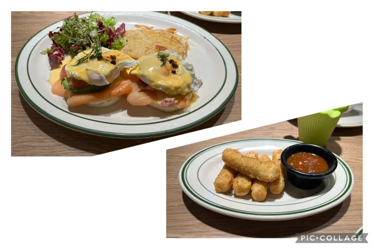 燻鮭魚酪梨班尼迪克蛋、起司條吃了一條。