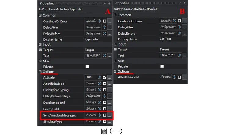圖一中的 A 和 B 分別為 Type Into 與 Set Text 的參數設定介面。