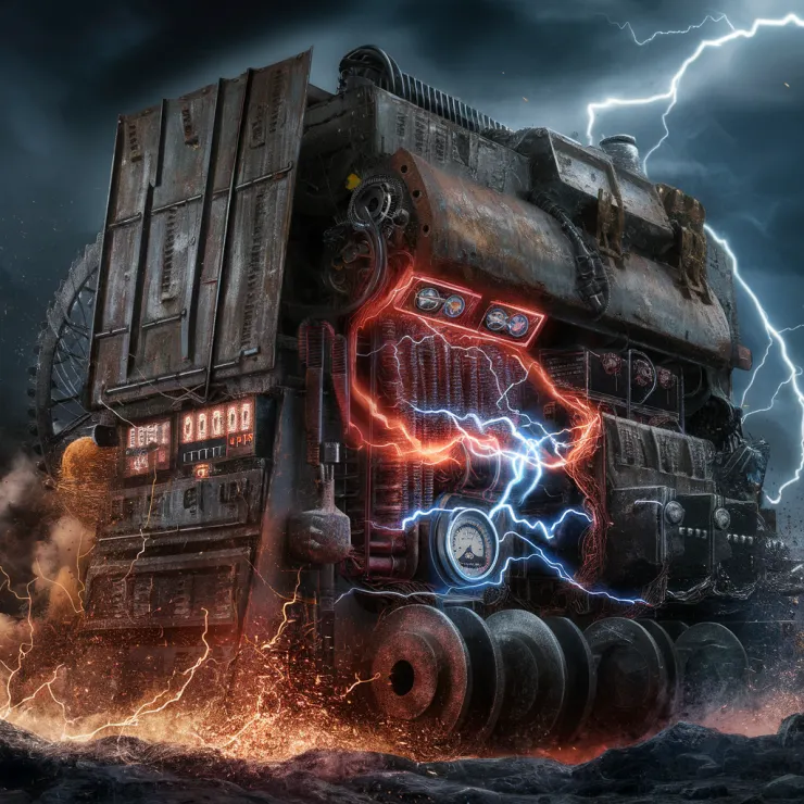 An imposing machine powering up, its rugged, battle-worn metal body coming to life. The machine, constructed from heavy industrial steel with exposed gears, rusted panels, and intricate wiring, begins to glow as vibrant red and electric blue energy pulses through its components. Sparks fly and arcs of electricity cascade across its frame as digital gauges and analog meters light up, indicating an unstoppable surge of power. Set against a dark, stormy background with flashes of lightning, the scene captures the raw, dynamic energy of a heavy metal powerhouse awakening., illustration, conceptual art