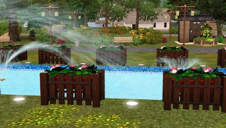 水池旁有地燈跟花槽相間。