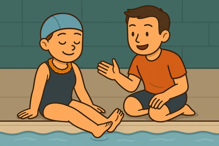 教練看著我說：妳的蛙腳只是一直往下踩，要張開再夾緊才會往前。結果我才發現—啊…原來我是小青蛙在跺腳，難怪游不動！只好乖乖坐在泳池邊慢慢練，一次一次照著教練的動作修正，邊笑邊學，還差點嗆到水。當然，下水後又是另一回事，只能繼續慢慢修正、慢慢體驗。