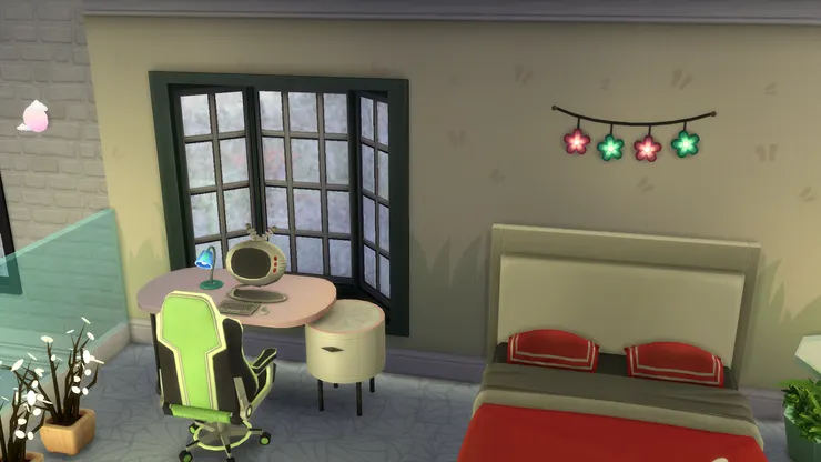 原來房子並不是真的有二樓,而是樓底高而建了一個閣樓用來睡覺。我沒法在Sims 4建閣樓,只能建二樓來代替。而原來房子的閣樓很小,絕對不能放張床又放書桌和電腦椅。