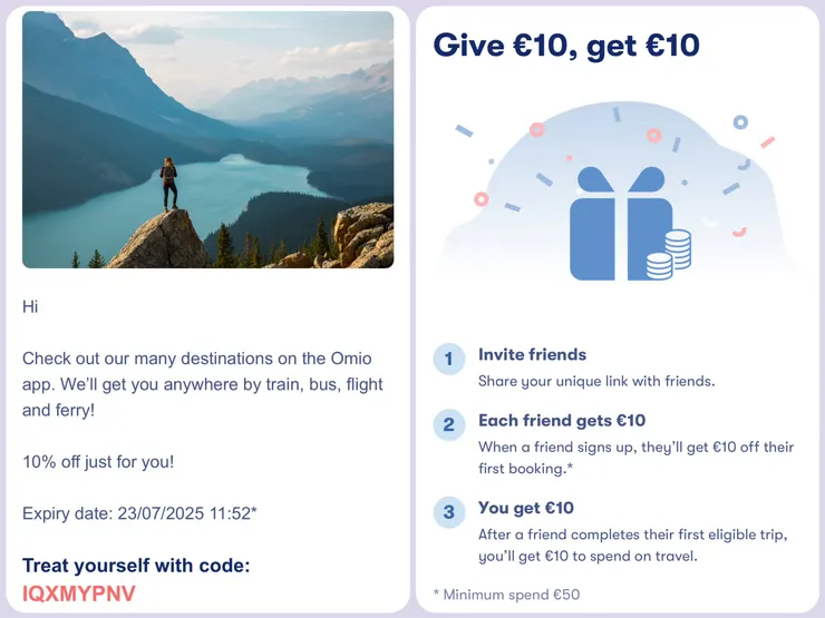 Omio的限時10%off優惠券、新會員推薦碼優惠詳情