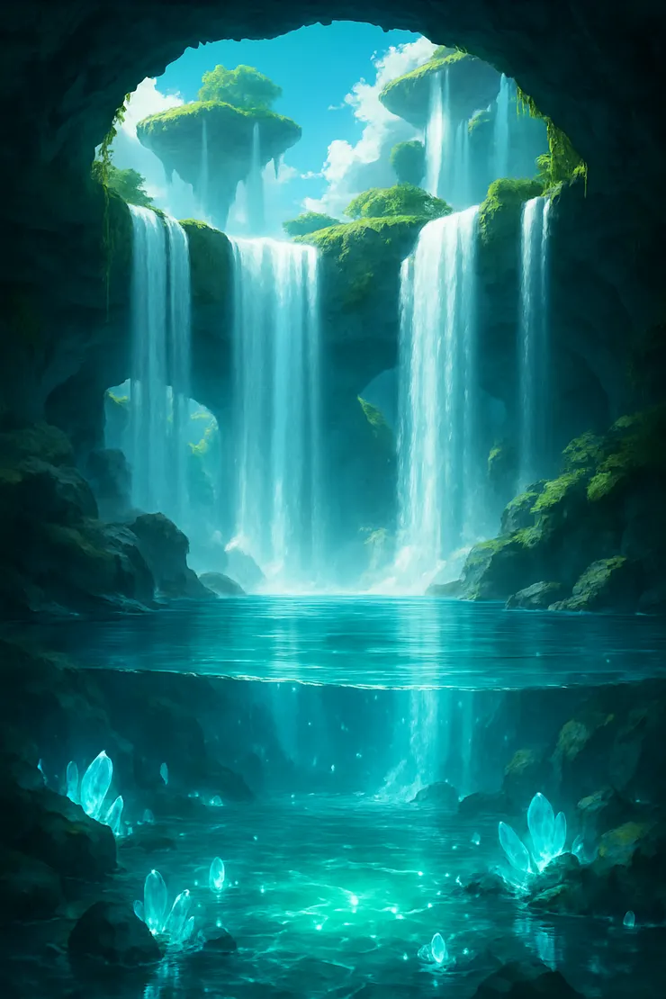 場景是在水平面以下，有點像水簾洞的感覺，但很明亮，上方是空島，不斷有瀑布向下流淌，下方是藍寶石般的河流，水中有水晶微微發光 - ChatGPT