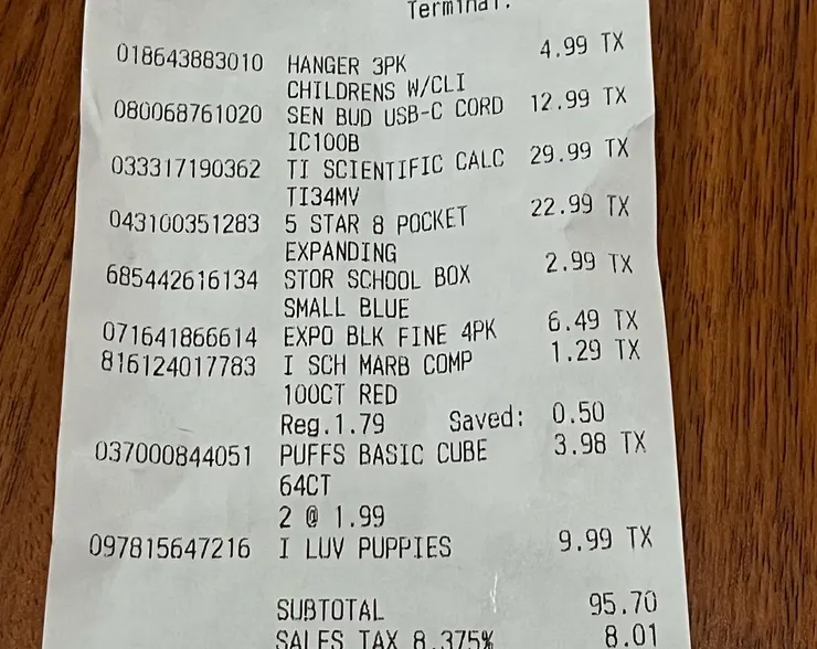 採買中學文具的收據