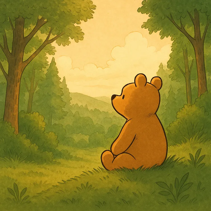 作者比約恩多次提及自己非常欣賞小熊維尼淡然處事的態度，因此我請ChatGpt幫我畫了情境圖，非常可愛。