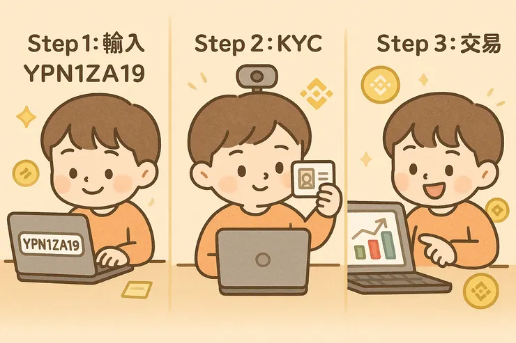 註冊幣安其實不難，只要三步驟就搞定，記得填入邀請碼 YPN1ZA19，就能立刻開啟省手續費模式！