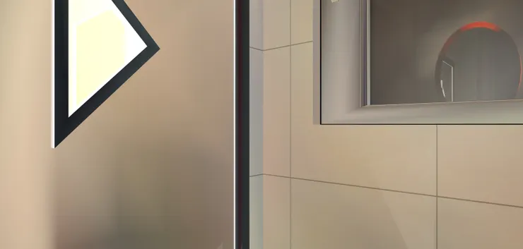 洗手間的門我用了藍白配，上面有三角形的霧面玻璃窗。