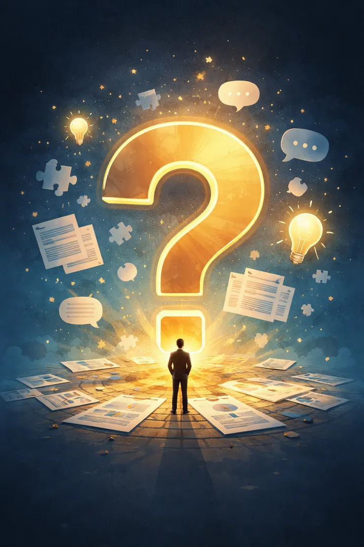 一個很小的人影面對一個很大的發亮問號，周圍有拼圖片、對話框、亮燈泡，地上散落著報表。