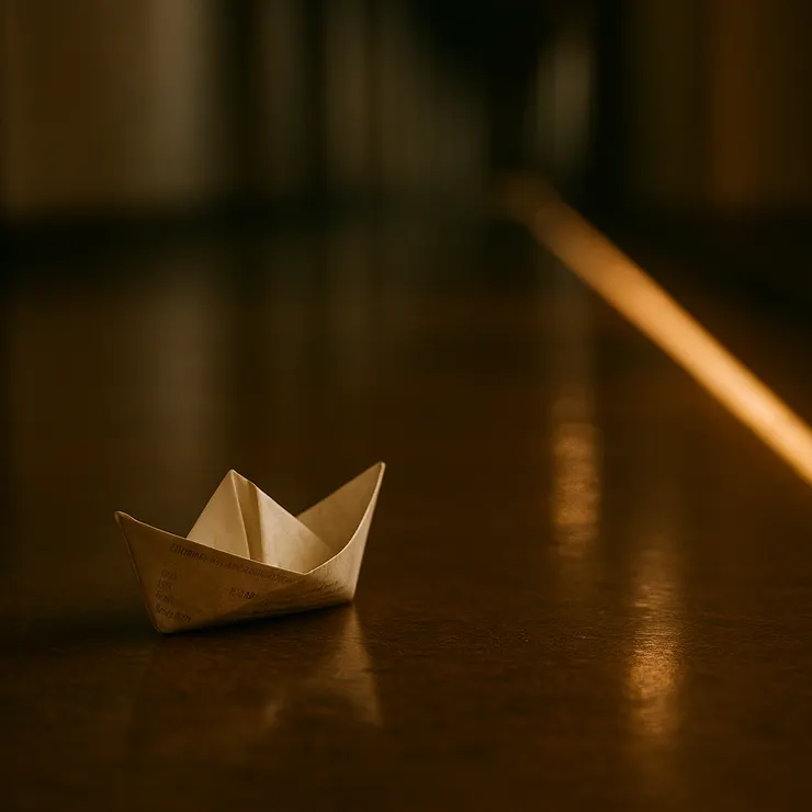 熱感紙收據折成紙船，沿走廊燈帶慢慢漂。
