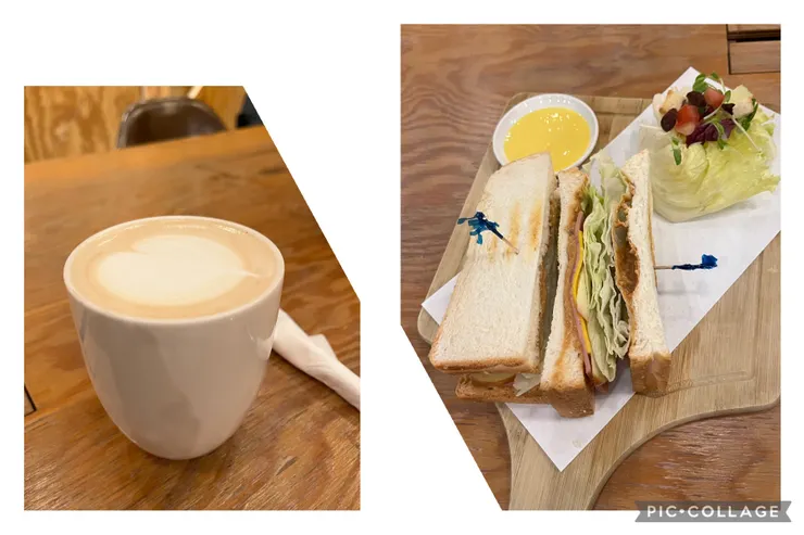 無糖鮮奶茶、火腿起司花生醬三明治。