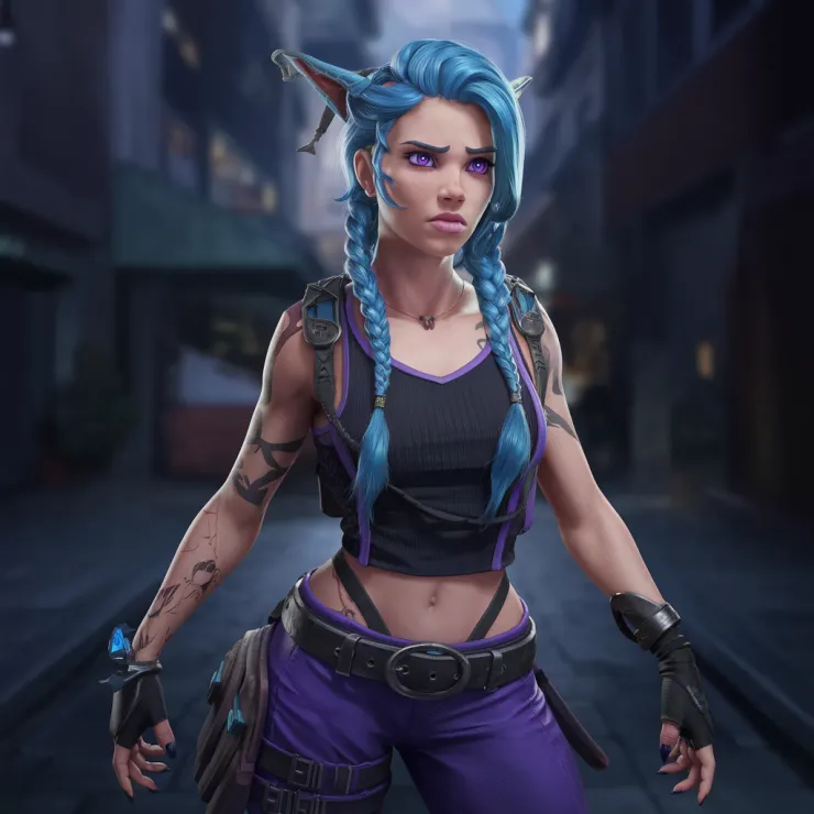 A high-quality, realistic image of Jynx from the League of Legends universe. She has blue hair, long braids, and purple eyes. She wears purple pants, a black tank top, a belt, and harnesses. She has tattoos on her hands and arms. Jynx stands in a dark street. The background is blurred and contains buildings. She looks concerned, beautiful face, youthful, plump