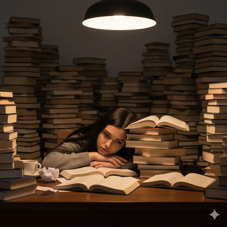 堆積如山的書，與生無可戀的臉