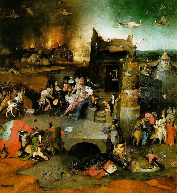 三聯畫《聖安東尼的誘惑》的中心部分,Hieronymus Bosch,1501年。