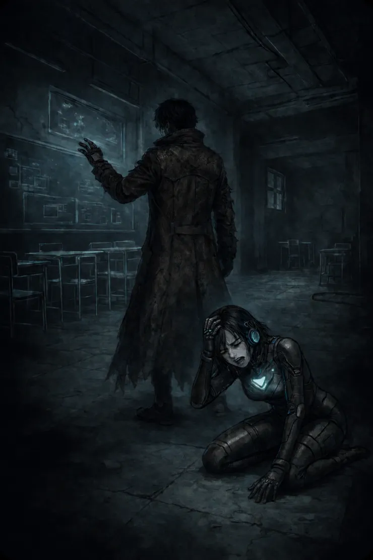 ​【插圖 #4】 優娜痛苦跪地抵抗干擾，陽翔背身解讀數據