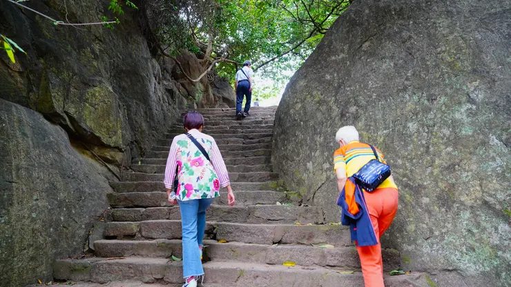 丹布勒石窟坐落於一座石山的斜坡上， 需要登上連續的石階路才可到達。