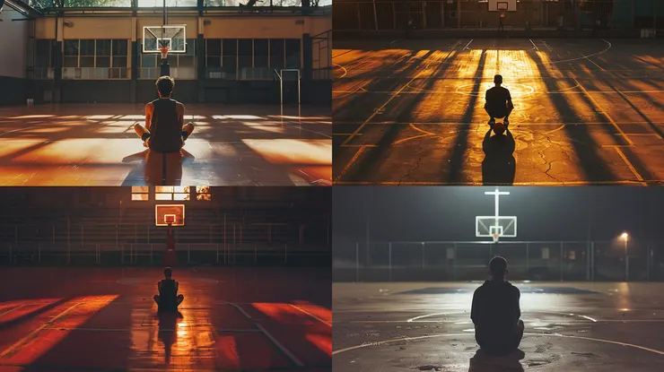 Long shot of a man siiting in the middle of basketball court, --ar 16:9