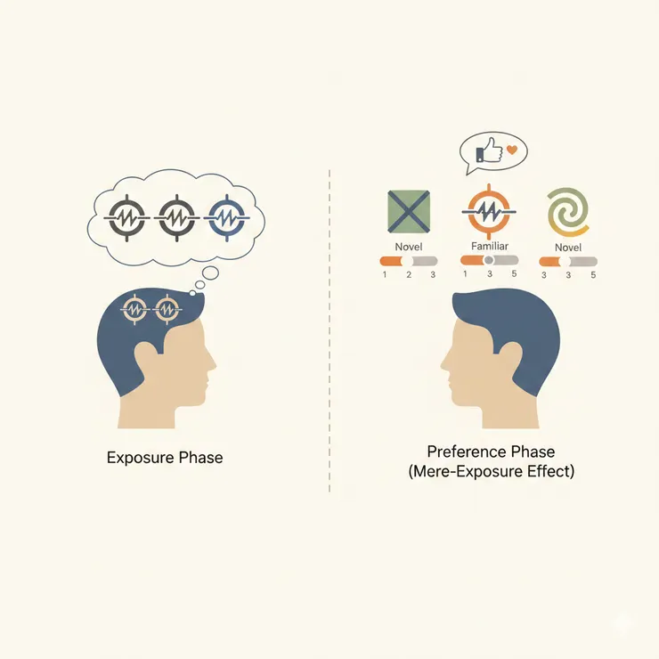 經典研究示意：心理學研究發現，受試者往往更偏好曾多次見過的符號或刺激，即使無法說明偏好的原因。〈本內文示意圖由AI協助生成。〉