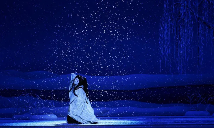 喜久雄獲得「人間國寶」的美名後登台演繹〈鷺娘〉，這是日本歌舞伎中的經典劇目，故事描述一隻白鷺精愛上人類後，化身少女卻因情愛糾葛而痛苦，最終在雪中起舞而死的悲傷故事。圖／《國寶》