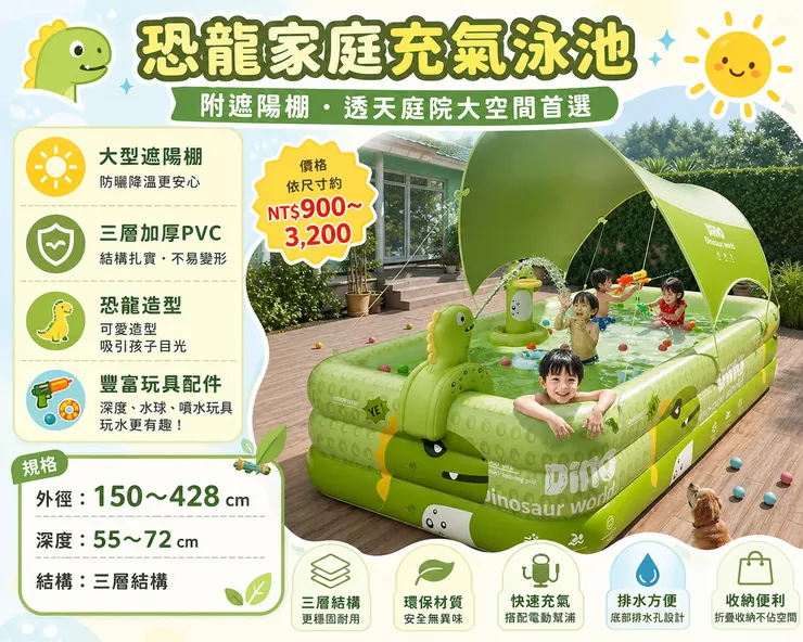 2026 恐龍家庭充氣游泳池 附大型遮陽棚｜三層加厚PVC 150-428cm 大型家用戲水池 透天庭院夏天玩水首選