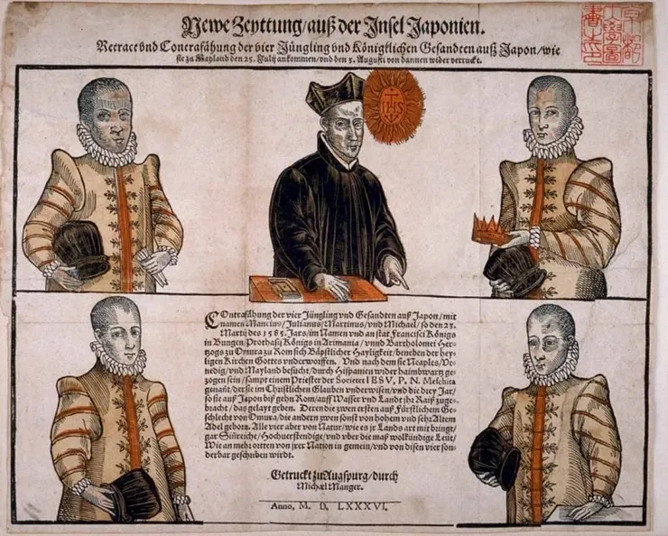 1586年歐洲人所繪的天正日本使節的形象。從左上至右下的人物,依次為:中浦儒略、Mesquita神父(歐洲籍翻譯)、伊東滿所、原瑪爾定、千千石彌額爾。(公有領域)