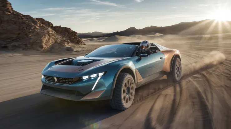 A 4K photograph of a futuristic 2024 Peugeot 908 sedan supercar convertible Rally car in a dusty desert dirt road at dawn. The car is a glossy metallic blue and copper color, with dust and dirt on the body. It has large rally tires and is driving at a high speed, with its suspensions bouncing on the bumpy track. The car is drifting its front wheels and has its headlights on. The rising sun's rays give the scene an epic dynamic feel. Rocky sand dunes and arid mountains are in the background. The Driver wears a Peugeot Sport racing suit and a futuristic racing helmet. The image has high contrast, HDR, and is partially desaturated. There are stark shadows, bright whites, lots of reflection, and a lens flare.