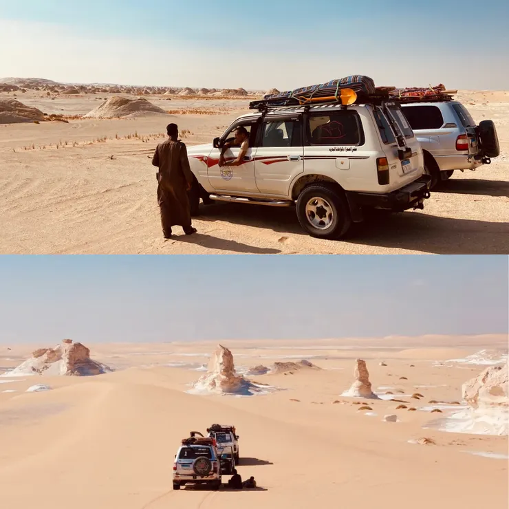 當我們在探索的時候，嚮導也會自己找樂子 - 在陰影下聊天，或是拿望遠鏡看朋友是否在綠洲內用餐