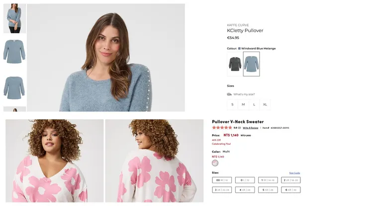 上下兩款分別是不同牌子,都是針對大尺碼客群,卻有不同的尺碼標示方式